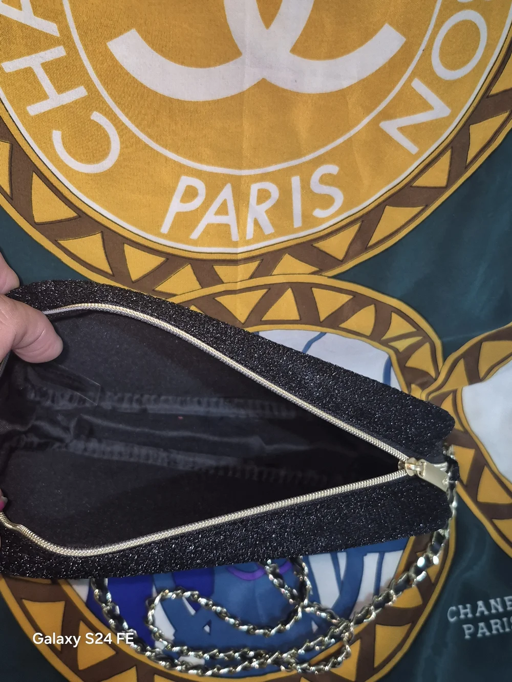 CHANEL Black Glitter Chain Crossbody Bag